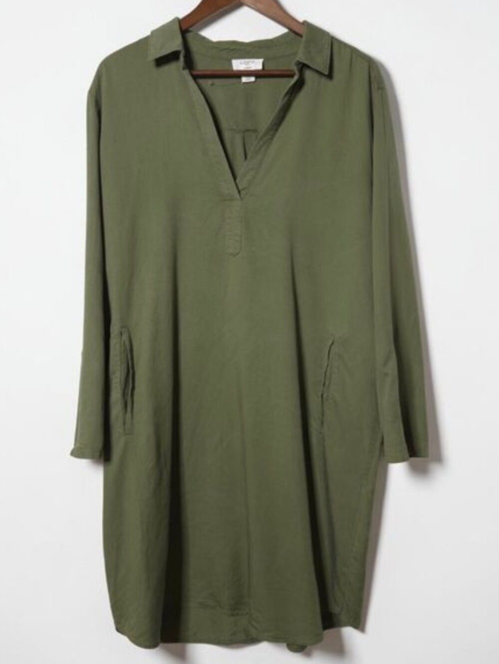 Loft Olive Green Shirt Dress XL Tencel Lyocell Pockets Curved Hem Lagenlook